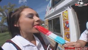 Brunette petite student Teen with small tits has car sex