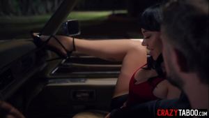 Surprising threesome sex for Little Puck with boyfriend and guy from bushes