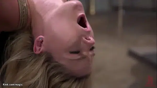 Bound for torso and hips with ankles tied to spreader bar in horizontal suspension with face to ceiling Lisey Sweet whipped then bent over fucked by master Derrick Pierce