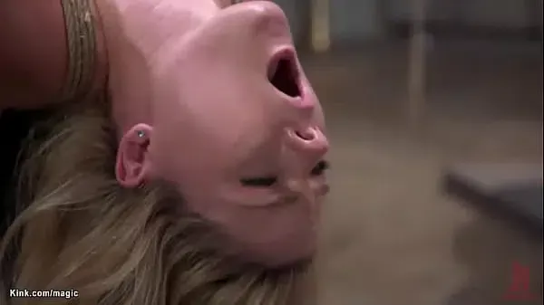 Bound for torso and hips with ankles tied to spreader bar in horizontal suspension with face to ceiling Lisey Sweet whipped then bent over fucked by master Derrick Pierce