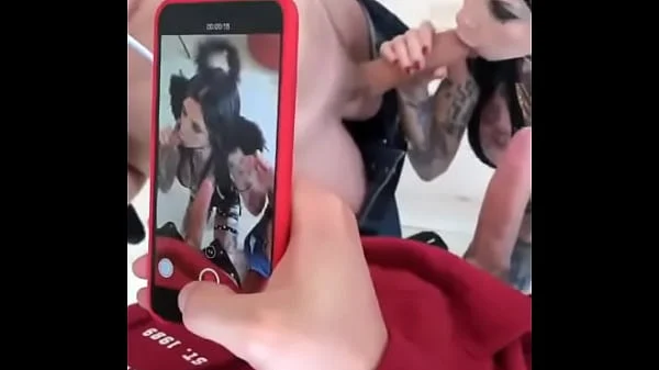 Tattooed girl sucks three huge cocks before getting fucked