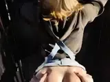 Blonde in hoodie kneels with bowl then ass fucked doggy